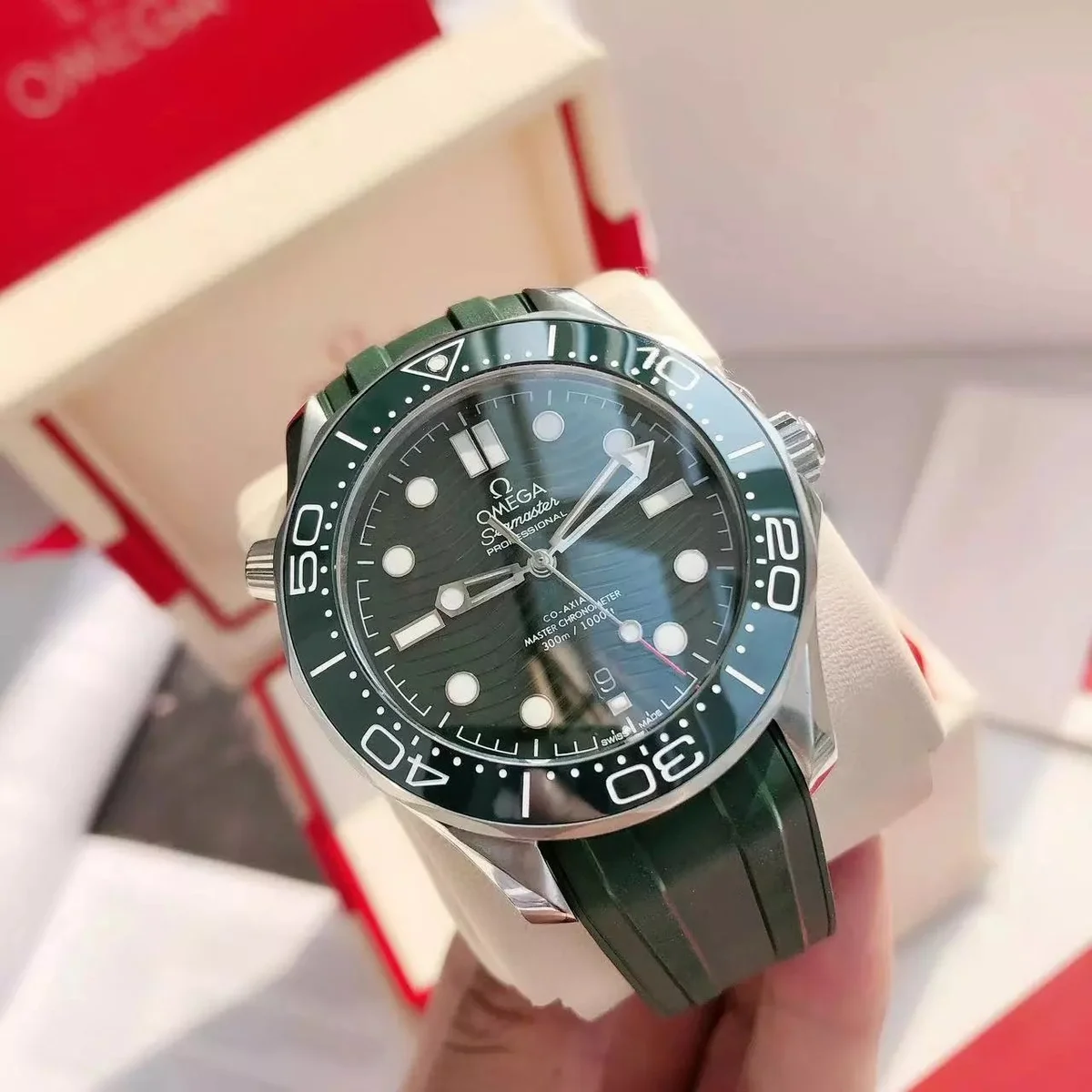 Omega Omega Seamaster Professional Silver Case Green Dial Green Strap Watch Green