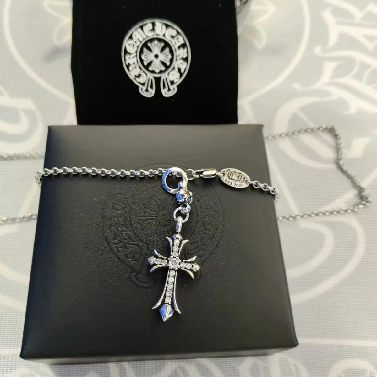 Chrome Hearts Chrome Hearts CH Cross Diamond-Encrusted Cross with Pearl Chain Necklace Silver