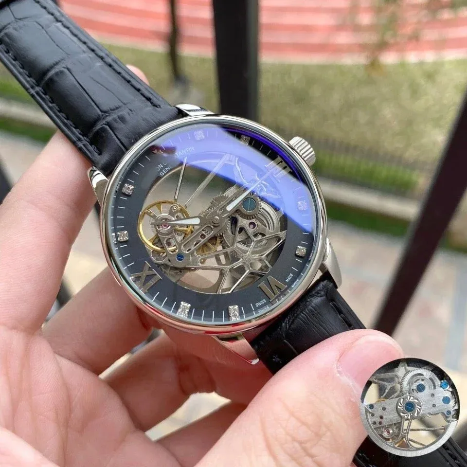 Other Skeleton Watch with Black Leather Strap Black - 1