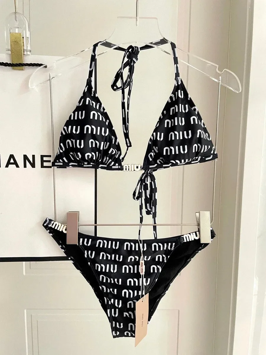 Miu Miu Miu Miu Monogram Print Bikini Set Black Black - 1