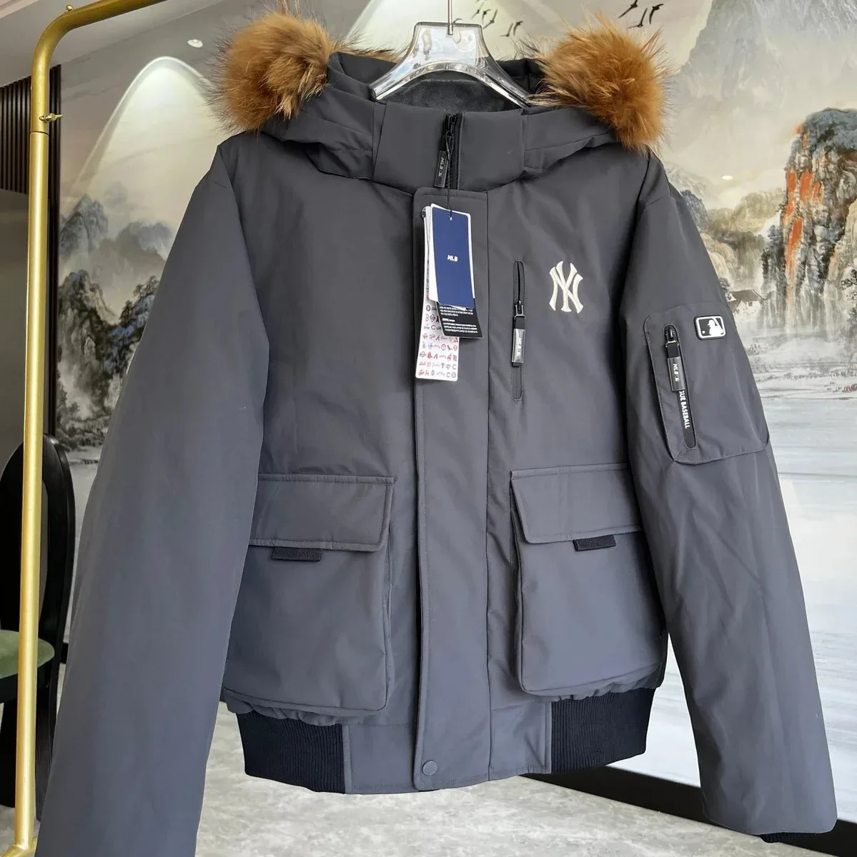 New York Yankees New York Yankees Grey Bomber Jacket with Fur Hood Grey - 1