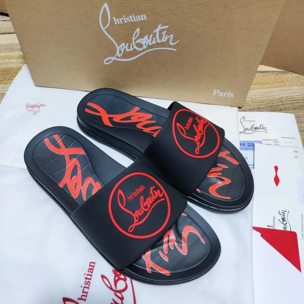 Christian Louboutin Christian Louboutin Black Red Logo Slippers Black - 1