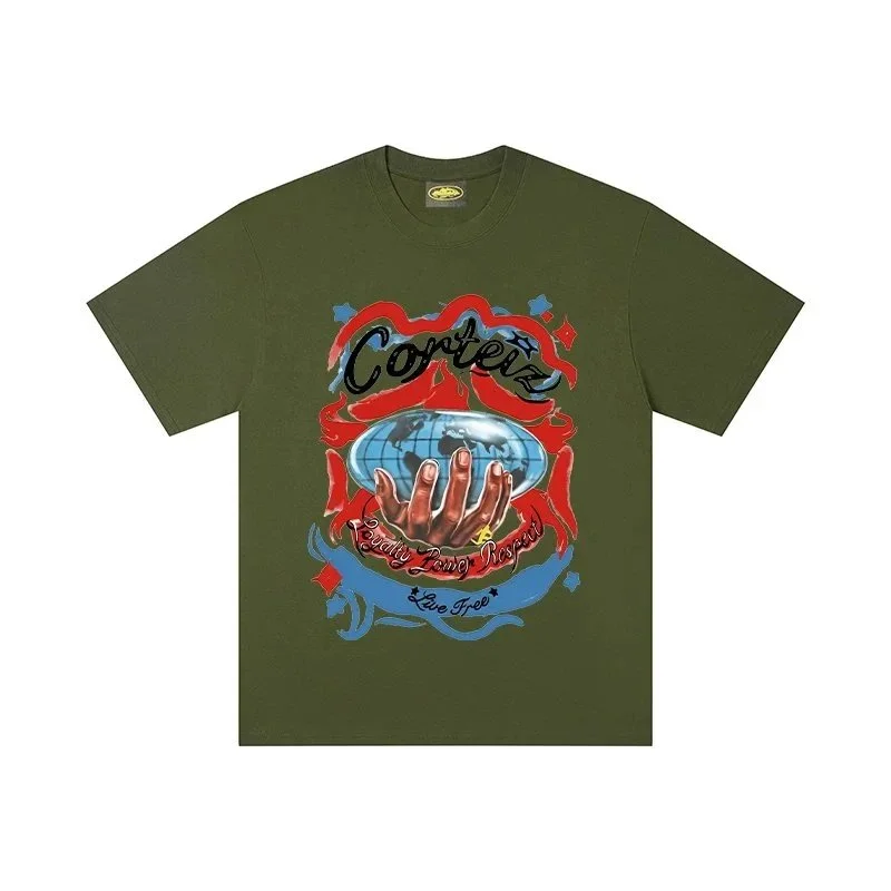Corteiz Corteiz Olive Green Globe Print T-Shirt Green - 1