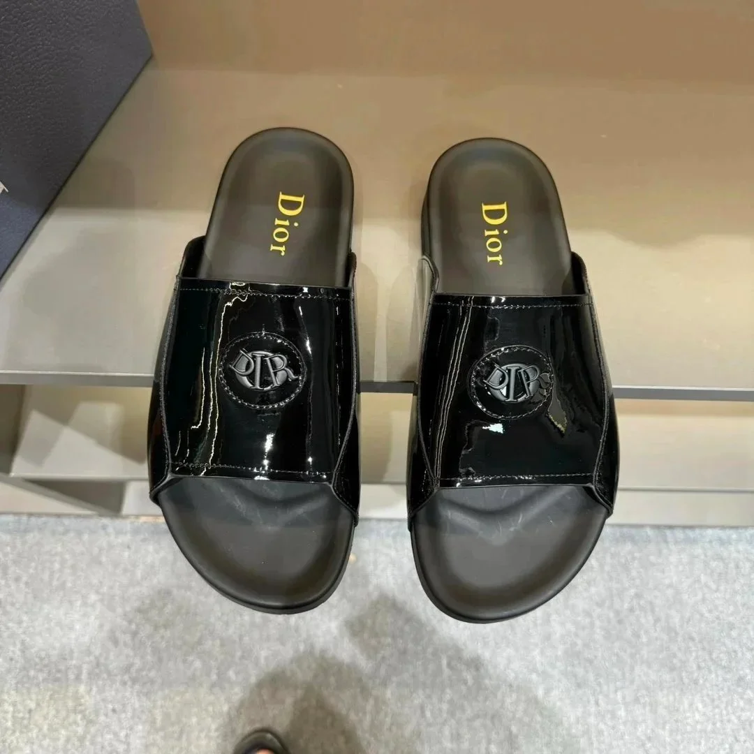 Dior Dior Black Patent Slide Sandals Black
