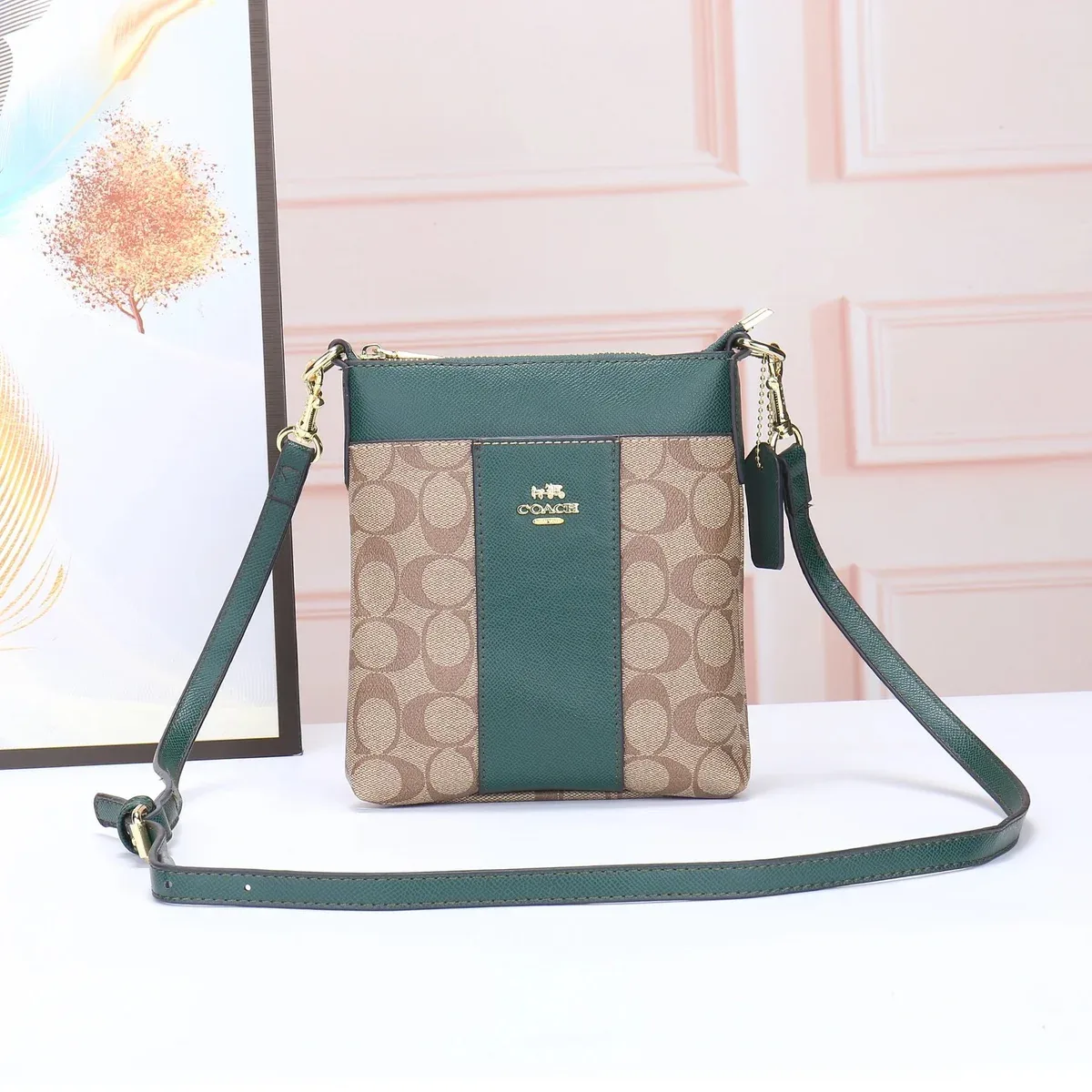 Coach Coach Signature Stripe Crossbody Bag Green & Beige Green - 1