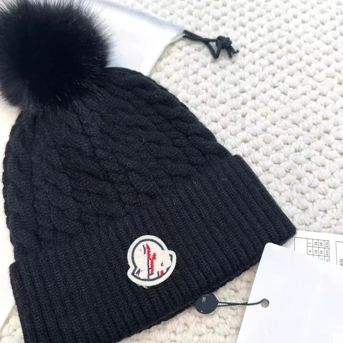 Moncler Moncler Black Cable Knit Beanie with Pom-Pom Black