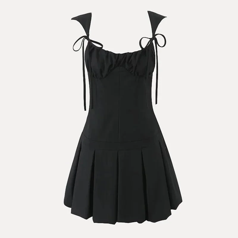 Other Black Pleated Mini Dress with Ruched Top Black - 1