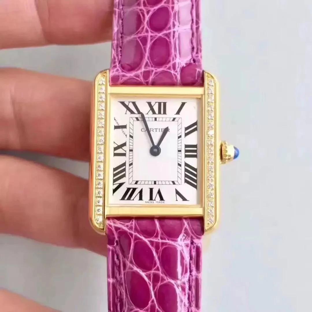 Cartier Cartier Tank Pink Crocodile Strap Gold Diamond Watch Pink