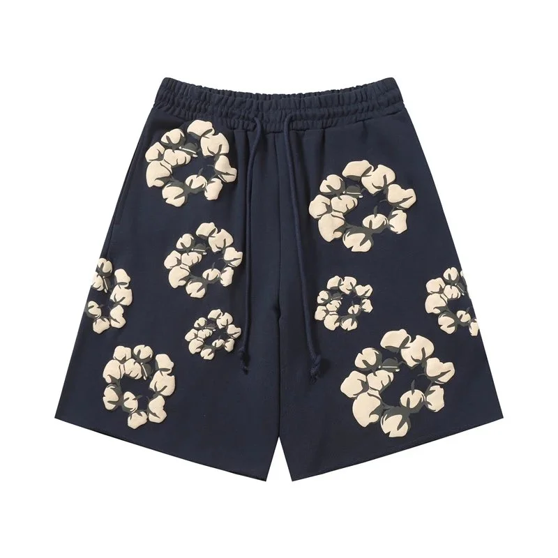 Other Dark Blue Cotton Flower Print Shorts Navy - 1