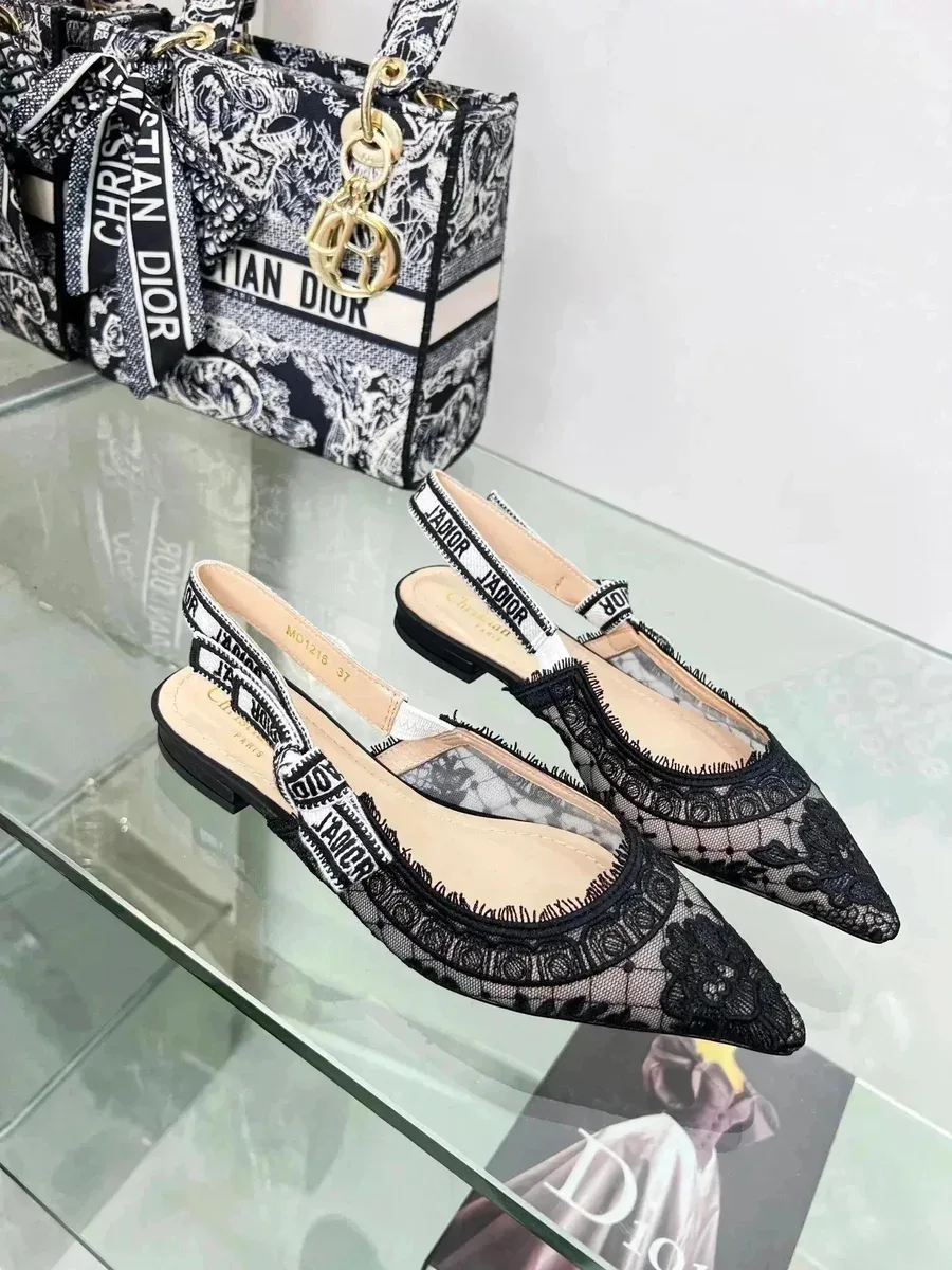 Dior Dior Lady Dior Black Lace Slingback Flats Black - 1