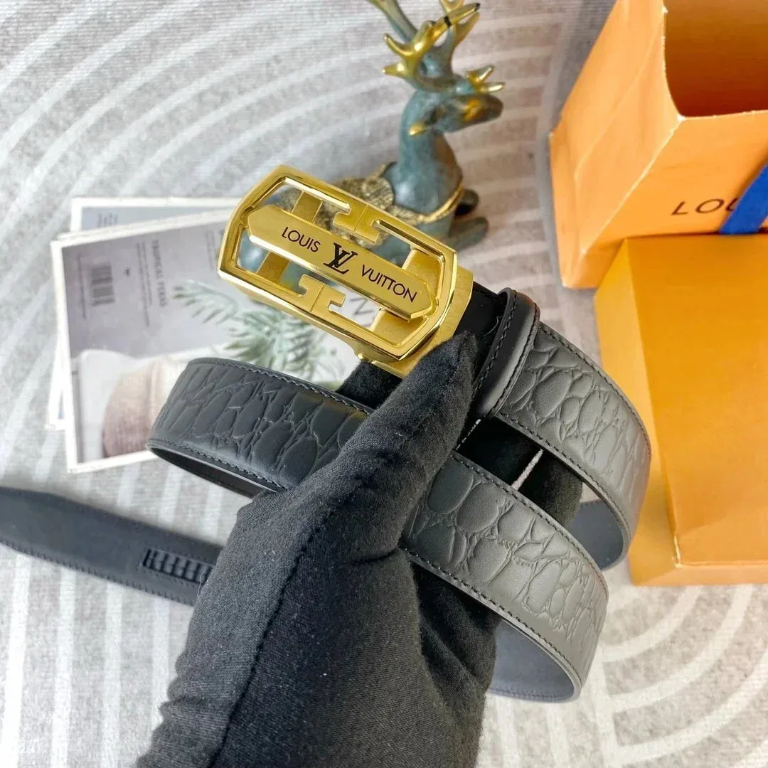 Louis Vuitton Louis Vuitton Gold Buckle Grey Crocodile Embossed Belt Grey