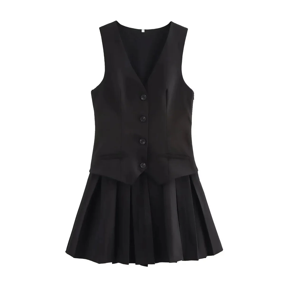 Other Black Pleated Skirt & V-Neck Vest Set Black - 1