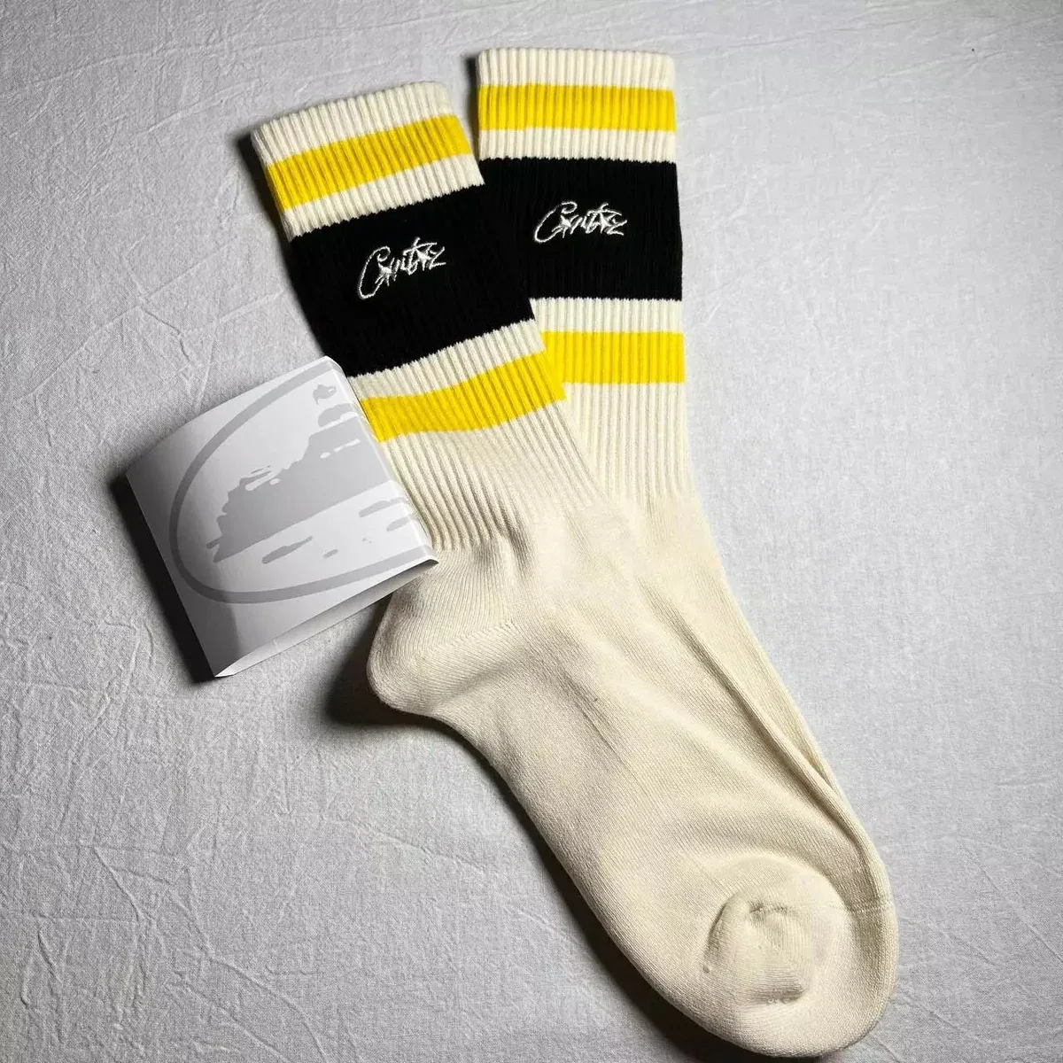 Other Unisex Yellow and Black Striped Socks with Embroidered Logo Cream - 1