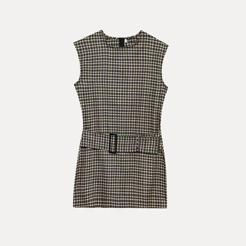 Other Beige Plaid Mini Dress with Belt Beige - 1