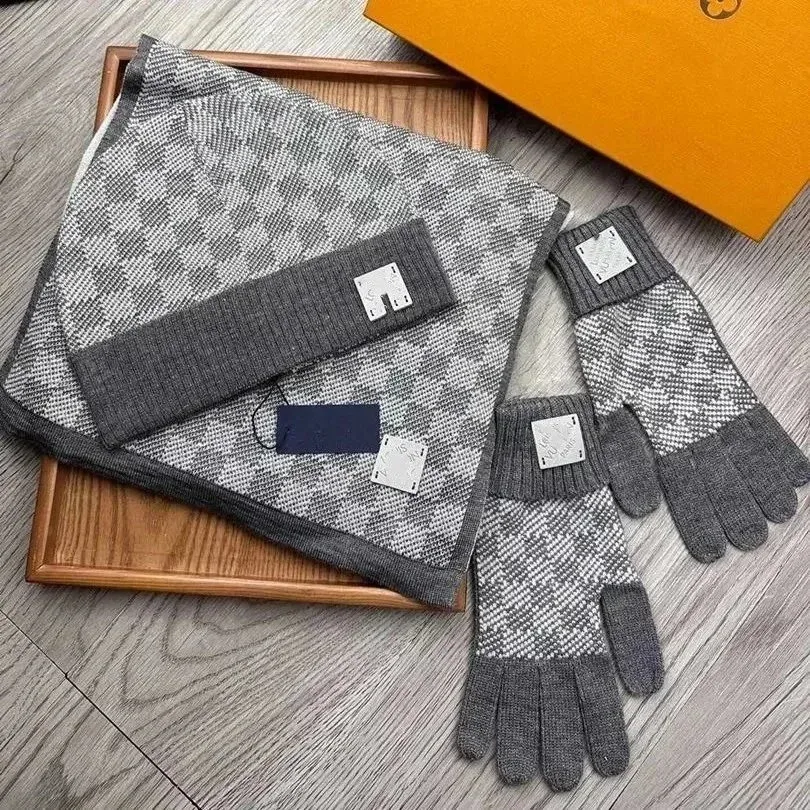 Louis Vuitton Tabi Grey Check Scarf, Gloves & Beanie Set