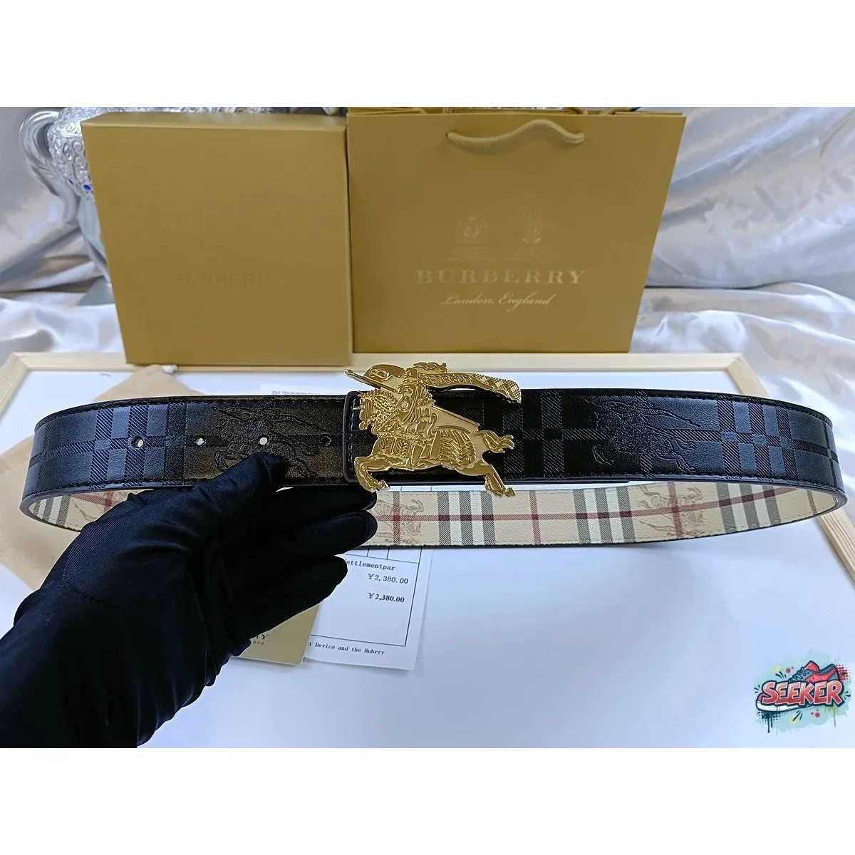 Burberry Burberry Check Belt with Knight Buckle Black - 1
