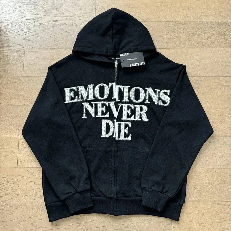 Other Black 'EMOTIONS NEVER DIE' Zip-Up Hoodie Black - 1