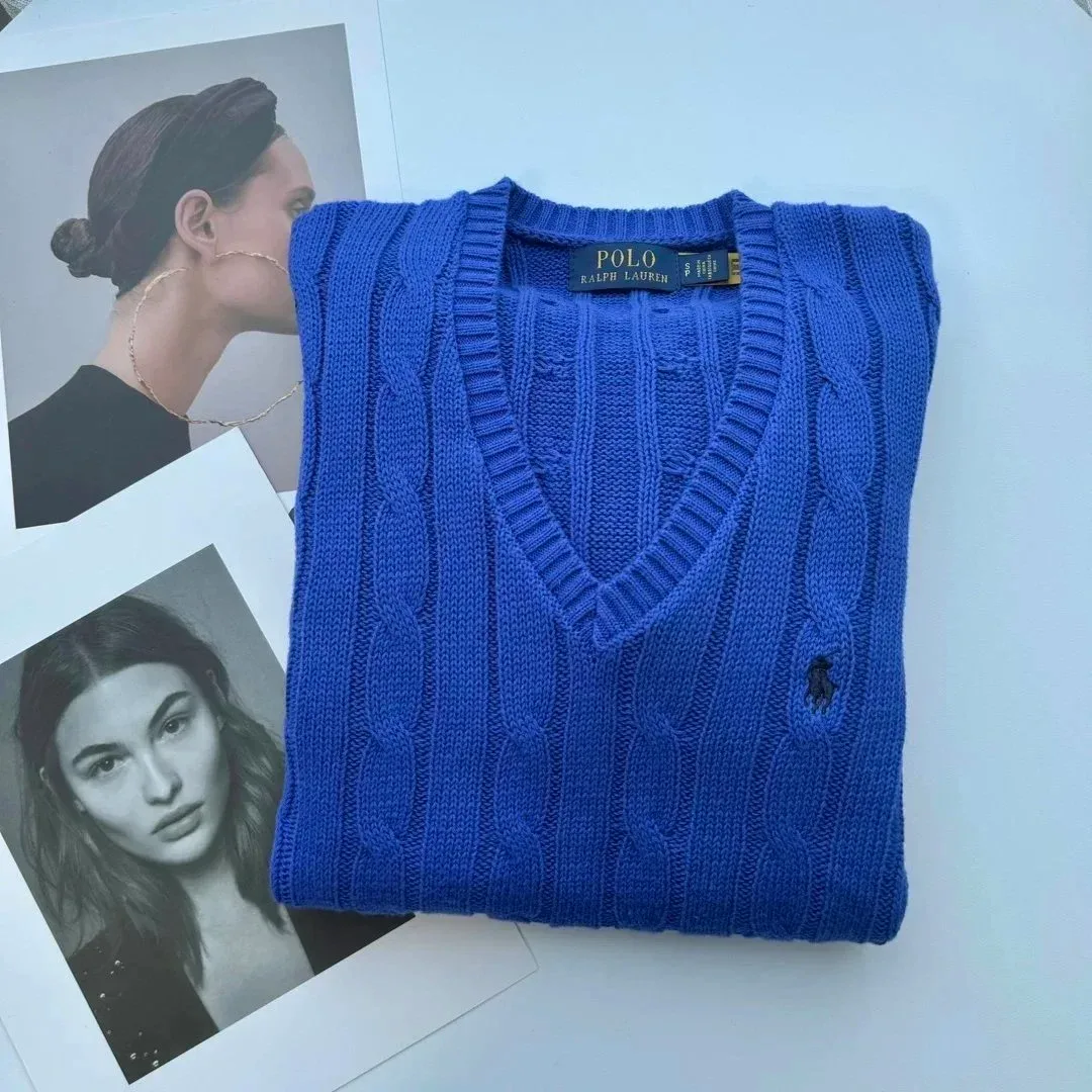 Polo Ralph Lauren Polo Ralph Lauren Blue Cable Knit V-Neck Sweater Blue - 1