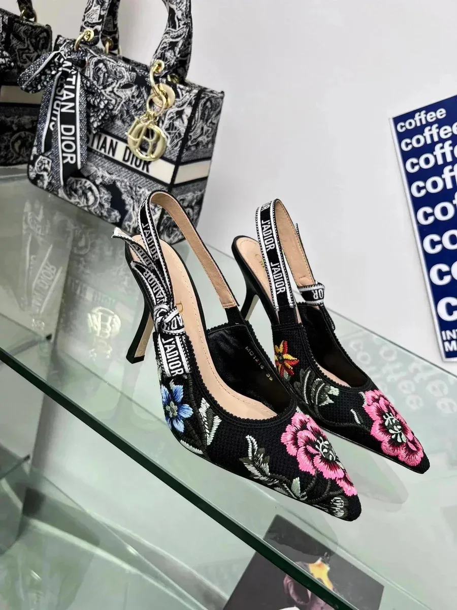 Dior Dior Lady Dior Floral Embroidered Slingbacks Black Heels Black - 1