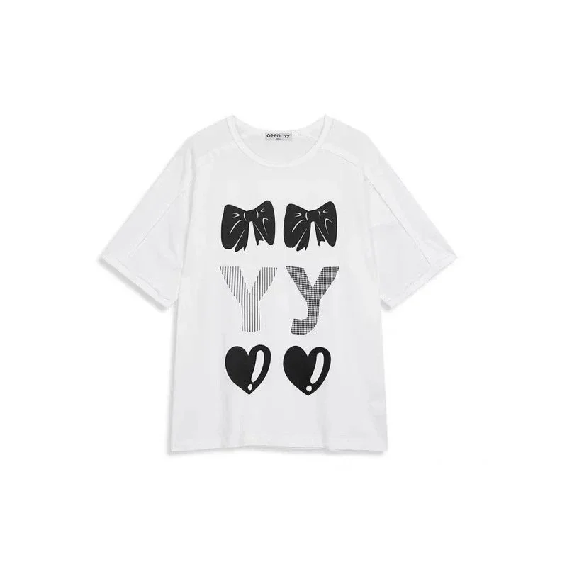 Other Unisex White 'YY' Bow Tie & Heart Print T-Shirt White - 1