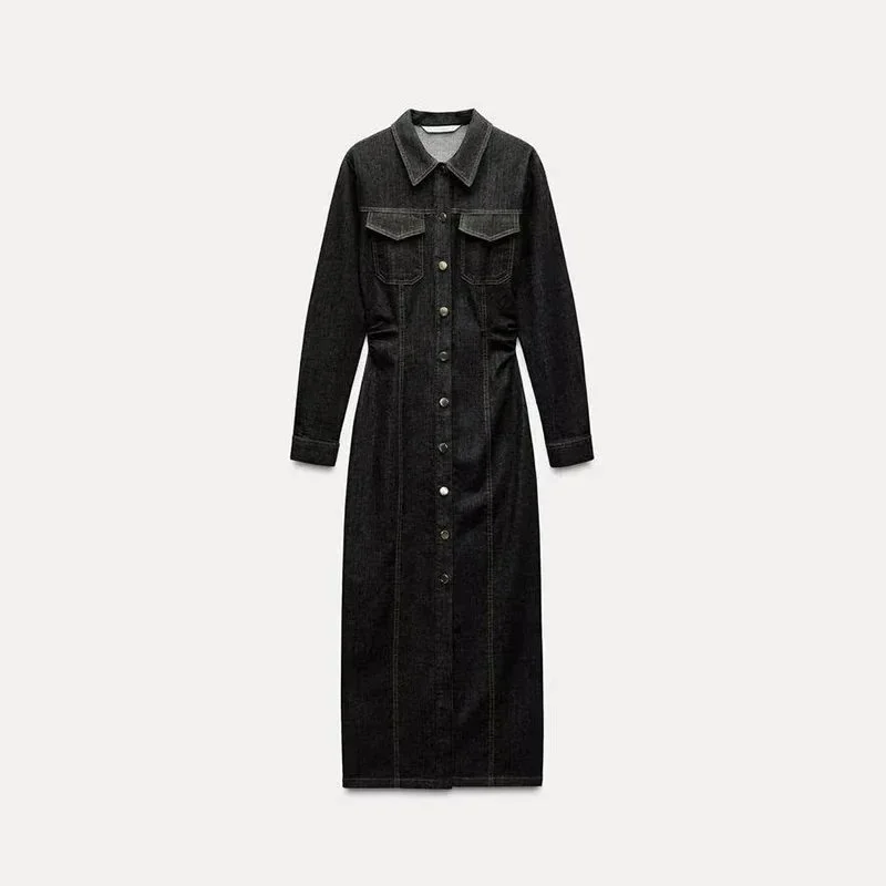 Other Black Denim Maxi Dress with Button Front Black