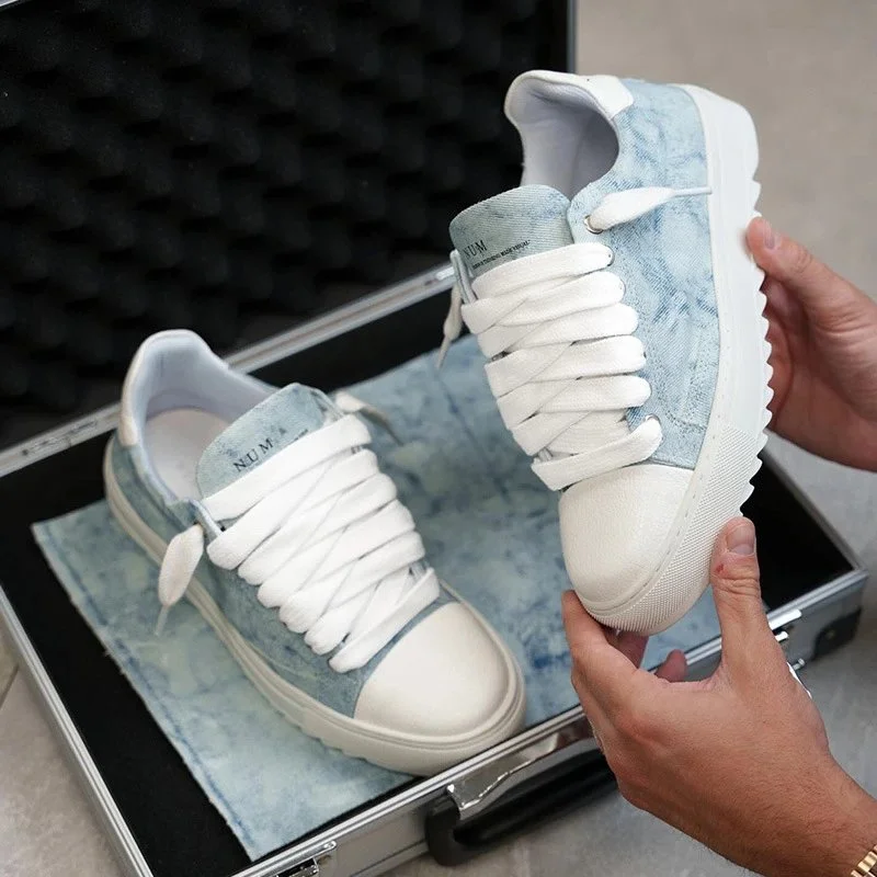 Other Unisex Denim Blue Canvas Sneakers with White Laces Blue - 1