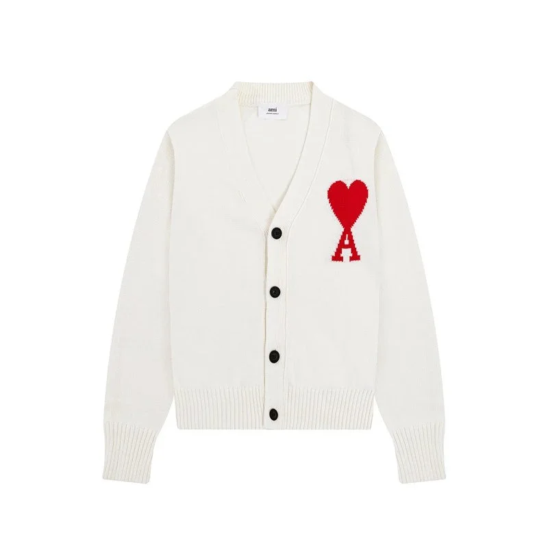 Ami Paris AMI Ami de Coeur White/Red Heart Logo Cardigan White