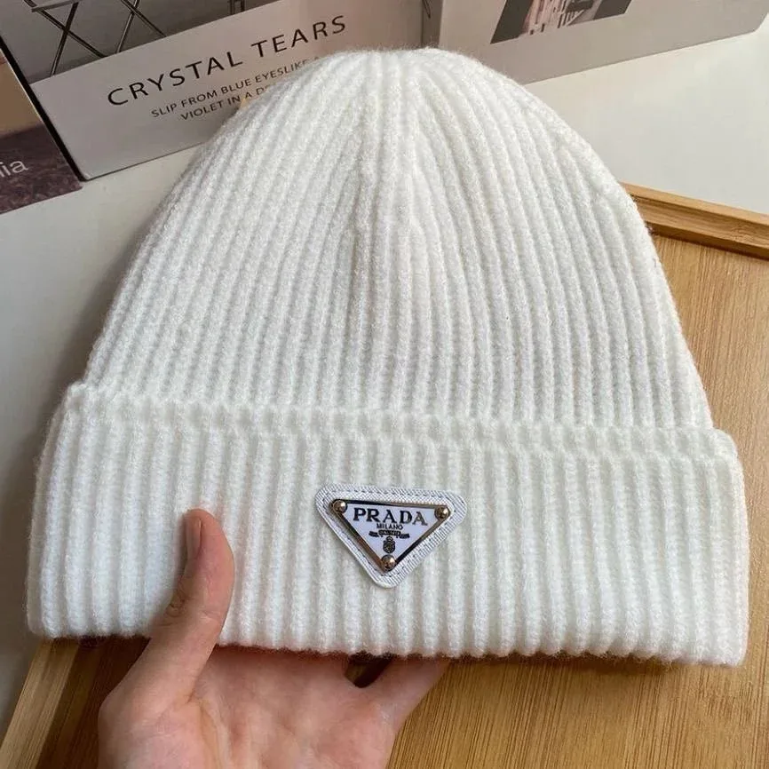 Prada Prada Triangle Logo White Beanie White