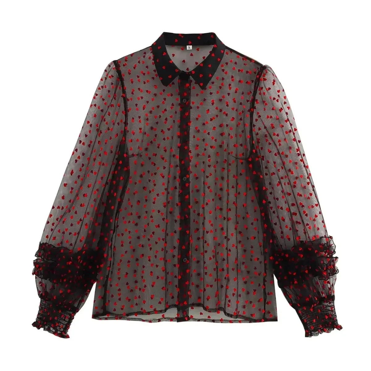 Other Transparent Heart Print Blouse with Ruffled Sleeves Black - 1