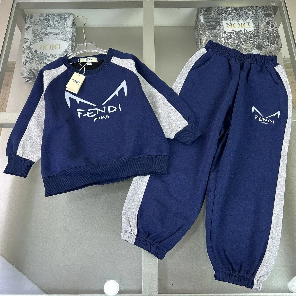 Fendi Fendi FF Logo Navy/Grey Kids Tracksuit Set Navy