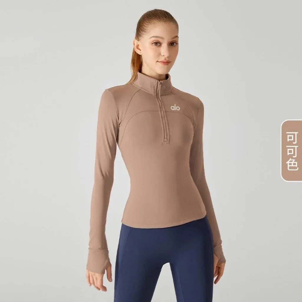 Alo Yoga Alo Long Sleeve Zip Neck可可色 Tops Brown - 1