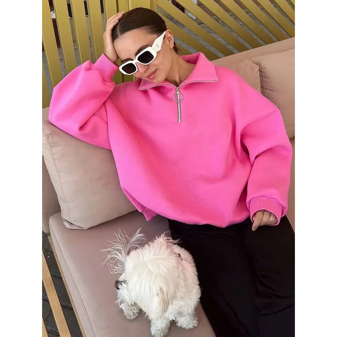 Other Pink Oversized Zip Neck Sweatshirt Pink - 1