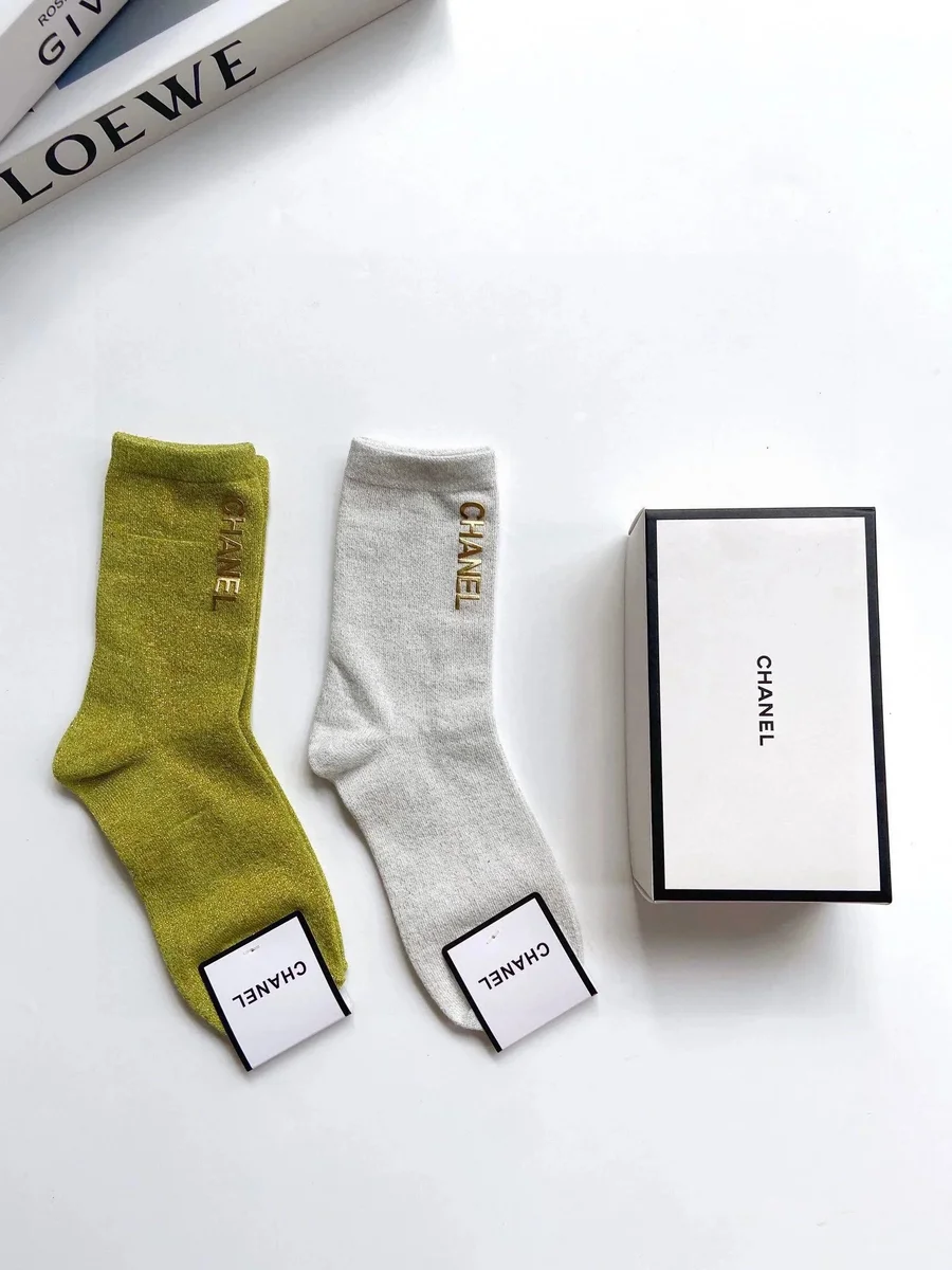 Chanel Chanel Gold Logo Socks in Green & Grey Green