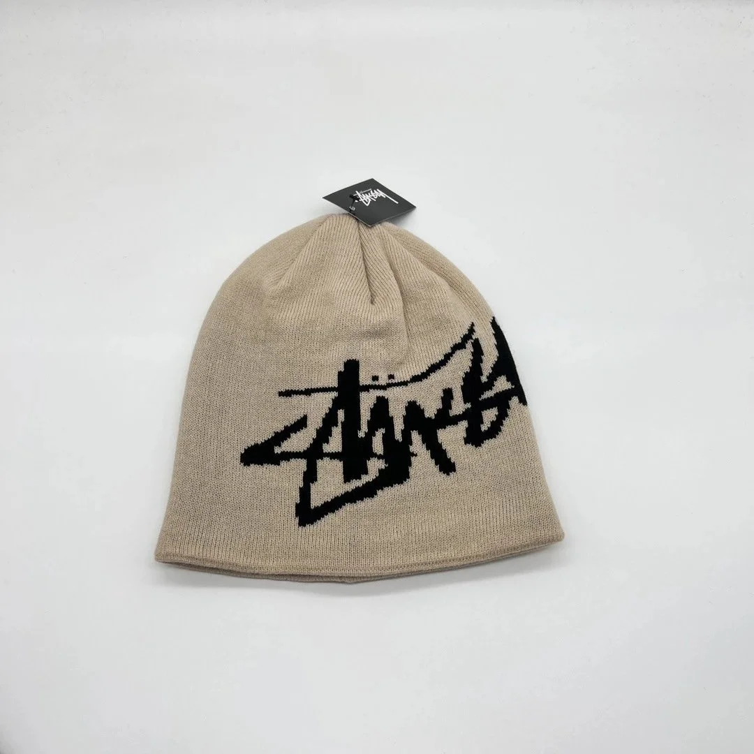 Stussy Stussy Beanie Black Logo Khaki Headwear Beige - 1