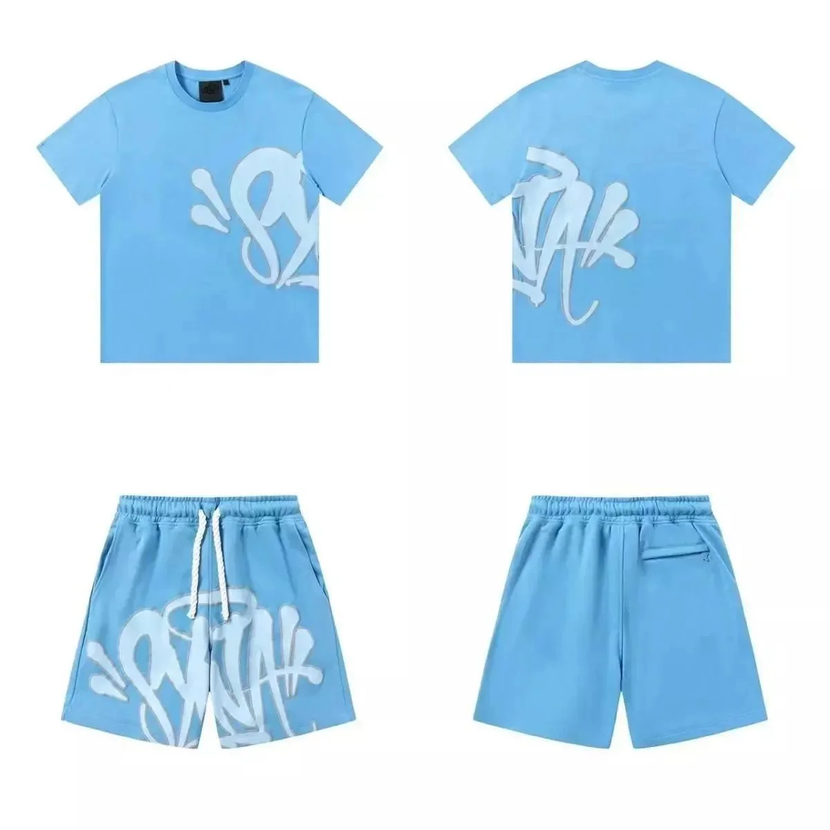 Other Unisex Light Blue Graffiti Print T-Shirt & Shorts Set Blue - 1