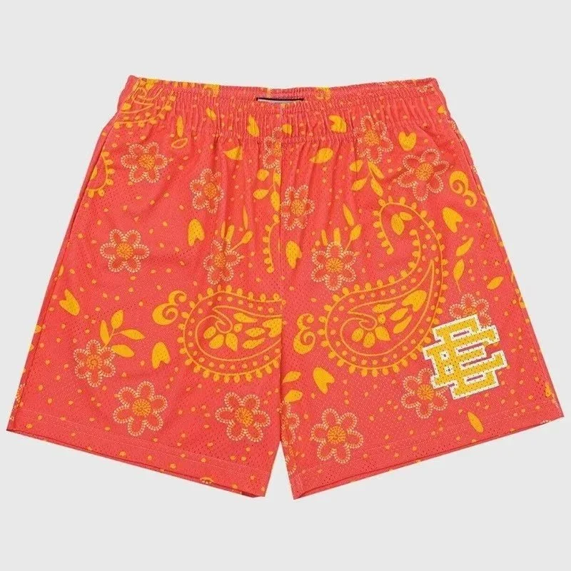 Essentials Printed Mesh Shorts with Paisley & Floral Design Red - 1