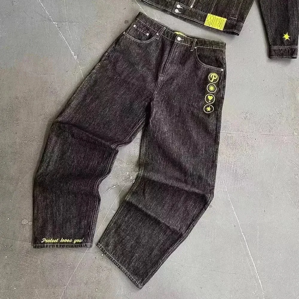 Other Unisex Dark Denim Jeans with Embroidered Patches Navy - 1