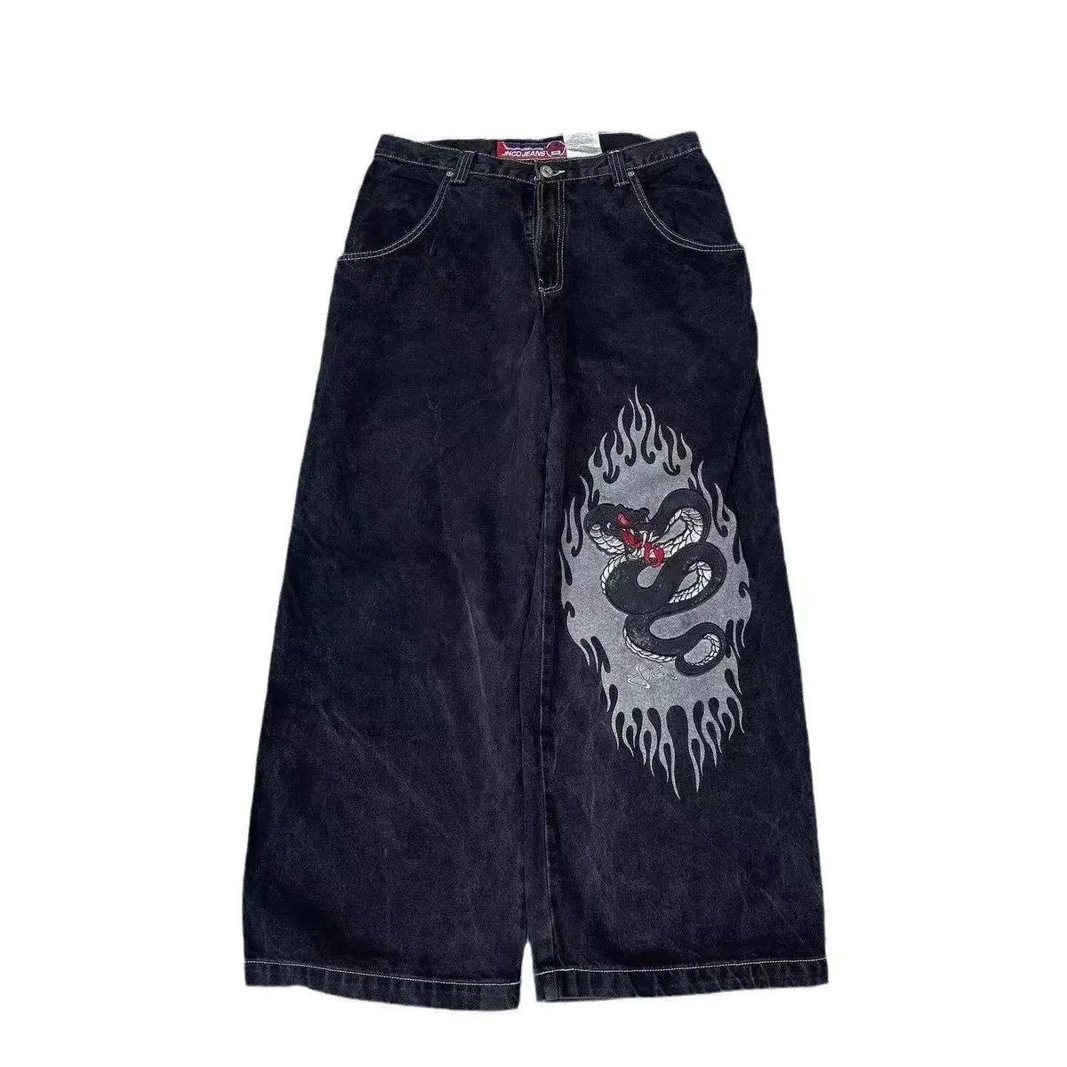 Other Unisex Dark Denim Wide Leg Jeans with Snake Print Navy - 1