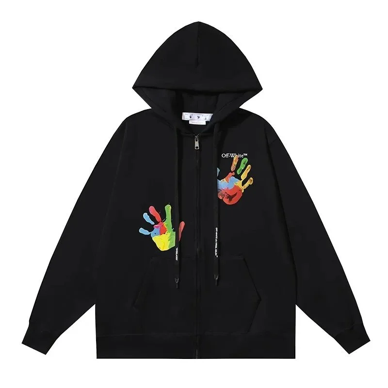 Off-White Off-White Out Of Office Black Zip-Up Hoodie with Colorful Handprints Black - 1