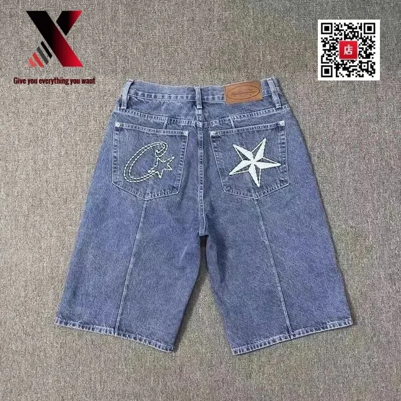 Other Unisex Denim Shorts with Embroidered Star & Moon Pockets Blue - 1