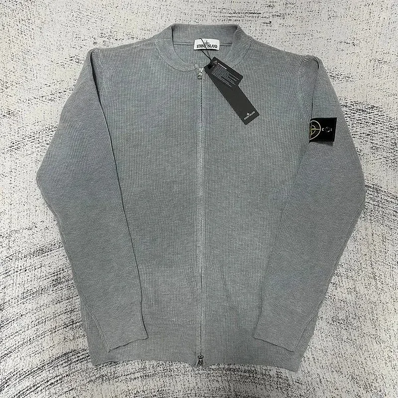 Stone Island Grey Ribbed Zip-Up Sweater