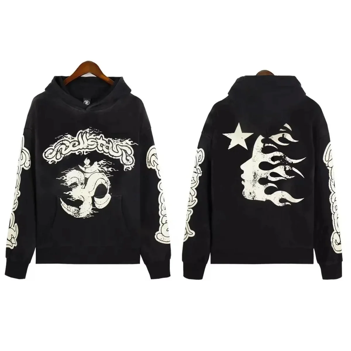 Hellstar Black Graphic Hoodie with Om Symbol and Flames Black - 1