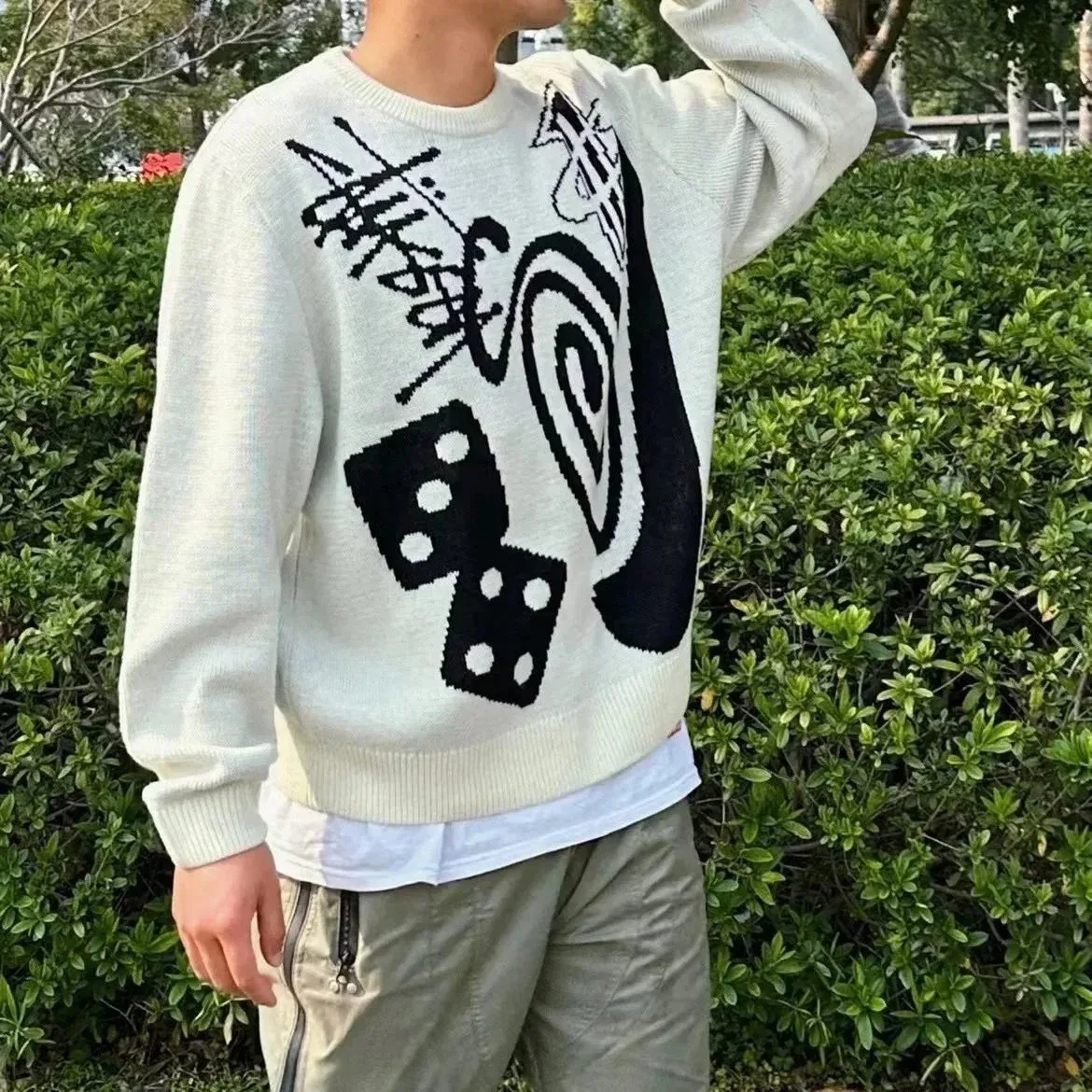 Stussy Unisex White Knit Sweater with Black Dice & Abstract Print White - 1