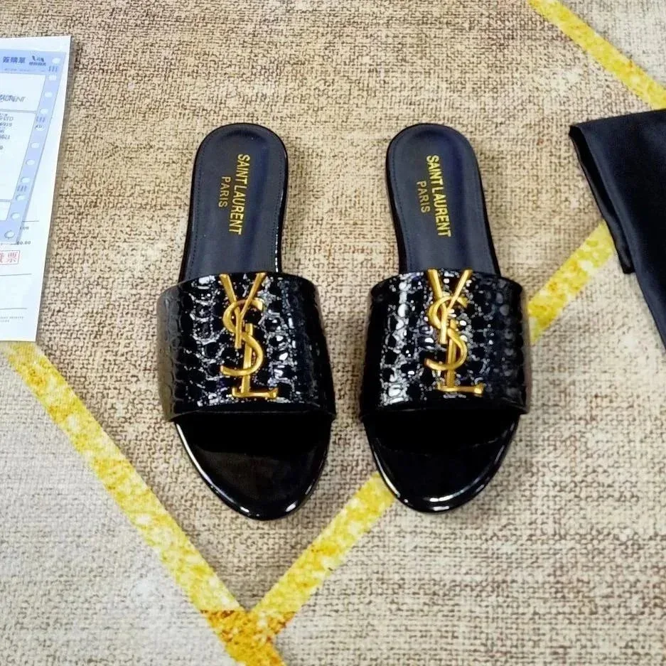 Saint Laurent Saint Laurent Black Crocodile YSL Logo Slippers Black - 1
