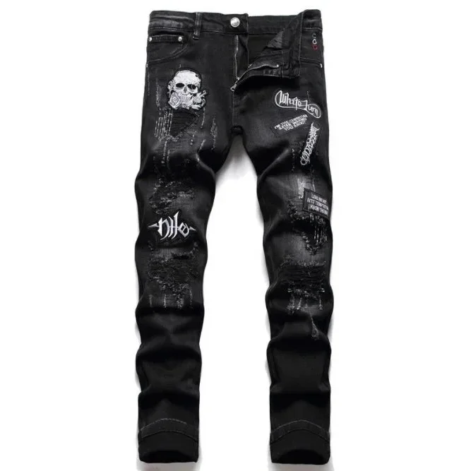 Other Black Distressed Jeans with Skull & Patch Details Black - 1