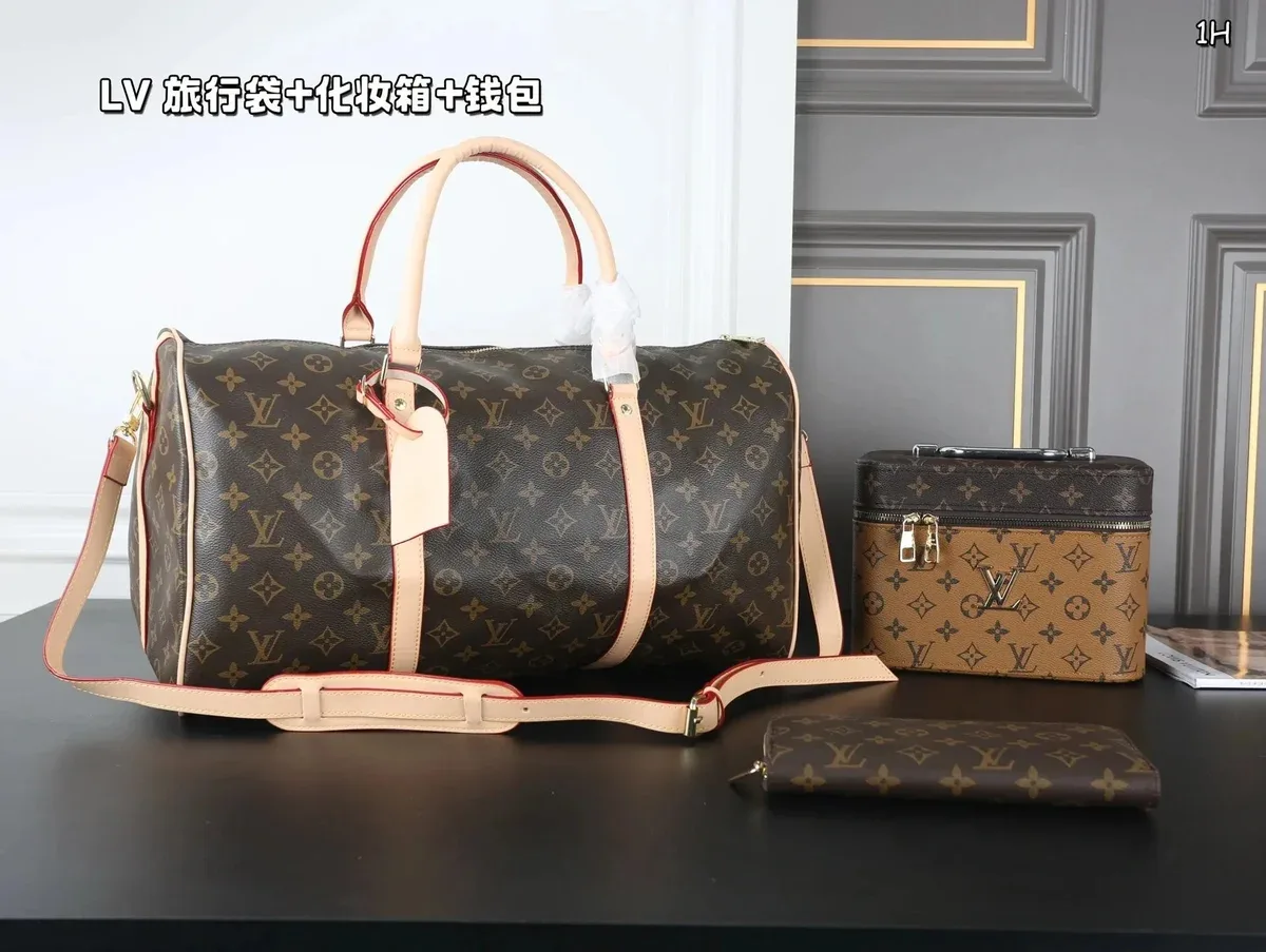 Louis Vuitton Louis Vuitton Keepall Travel Bag + Makeup Case + Wallet Set Brown