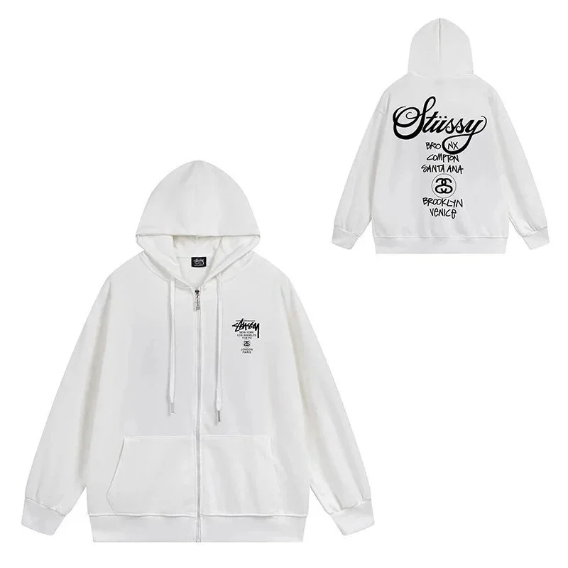 Stussy Stussy White Zip-Up Hoodie with Front & Back Graphic White - 1