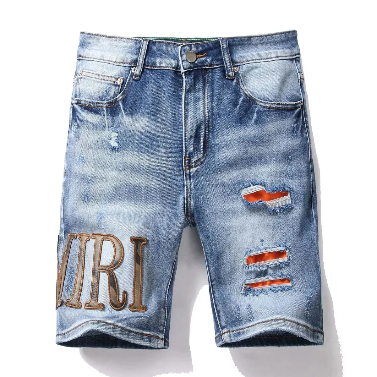 Other Distressed Denim Shorts with Embroidered 'VIRI' Patch Blue - 1