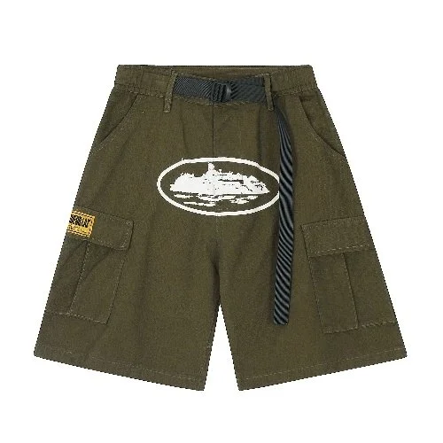 Essentials Olive Cargo Shorts with Boat Print and Belt Multicolor - 1