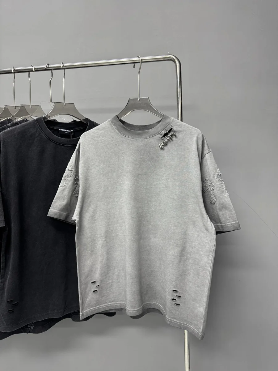 Other Unisex Distressed T-Shirt with Cross Embellishment Grey - 1